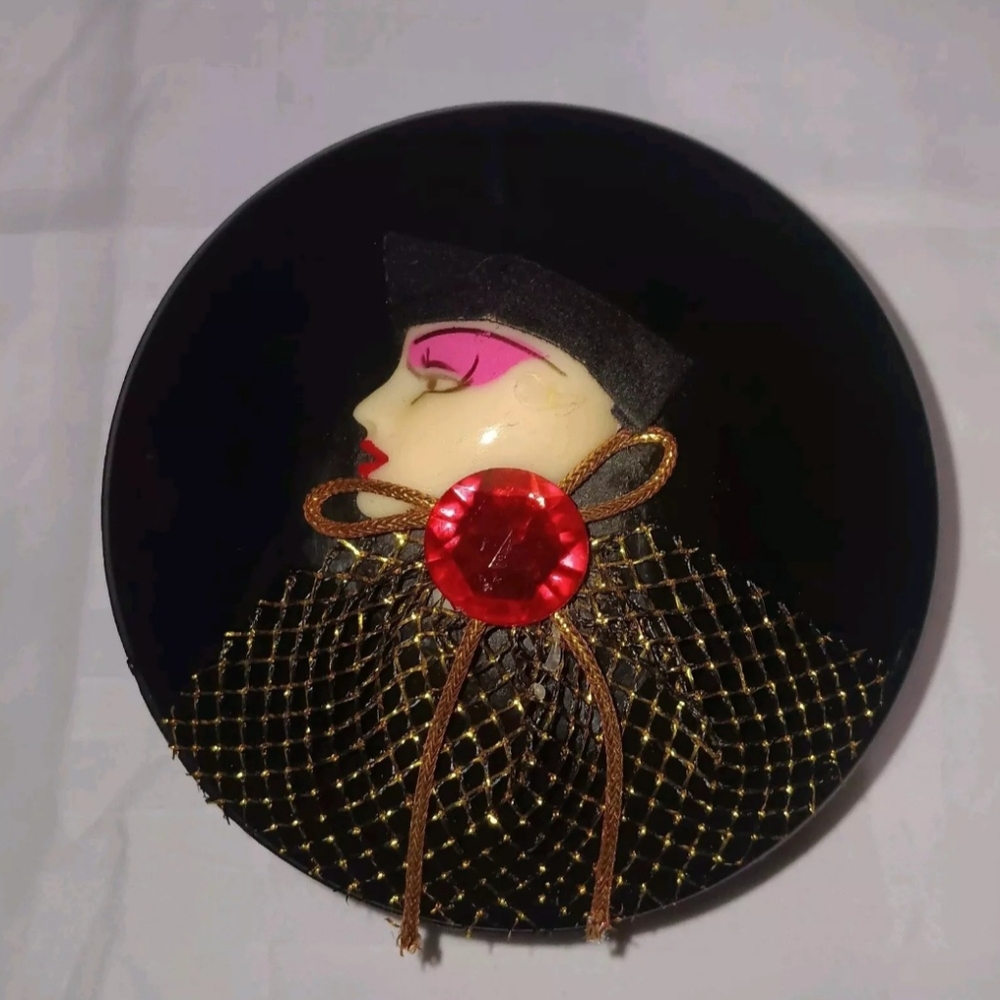Vintage Art Deco 3d Applied Harlequin Jewelry Trinket Box Black and Gold 4"
